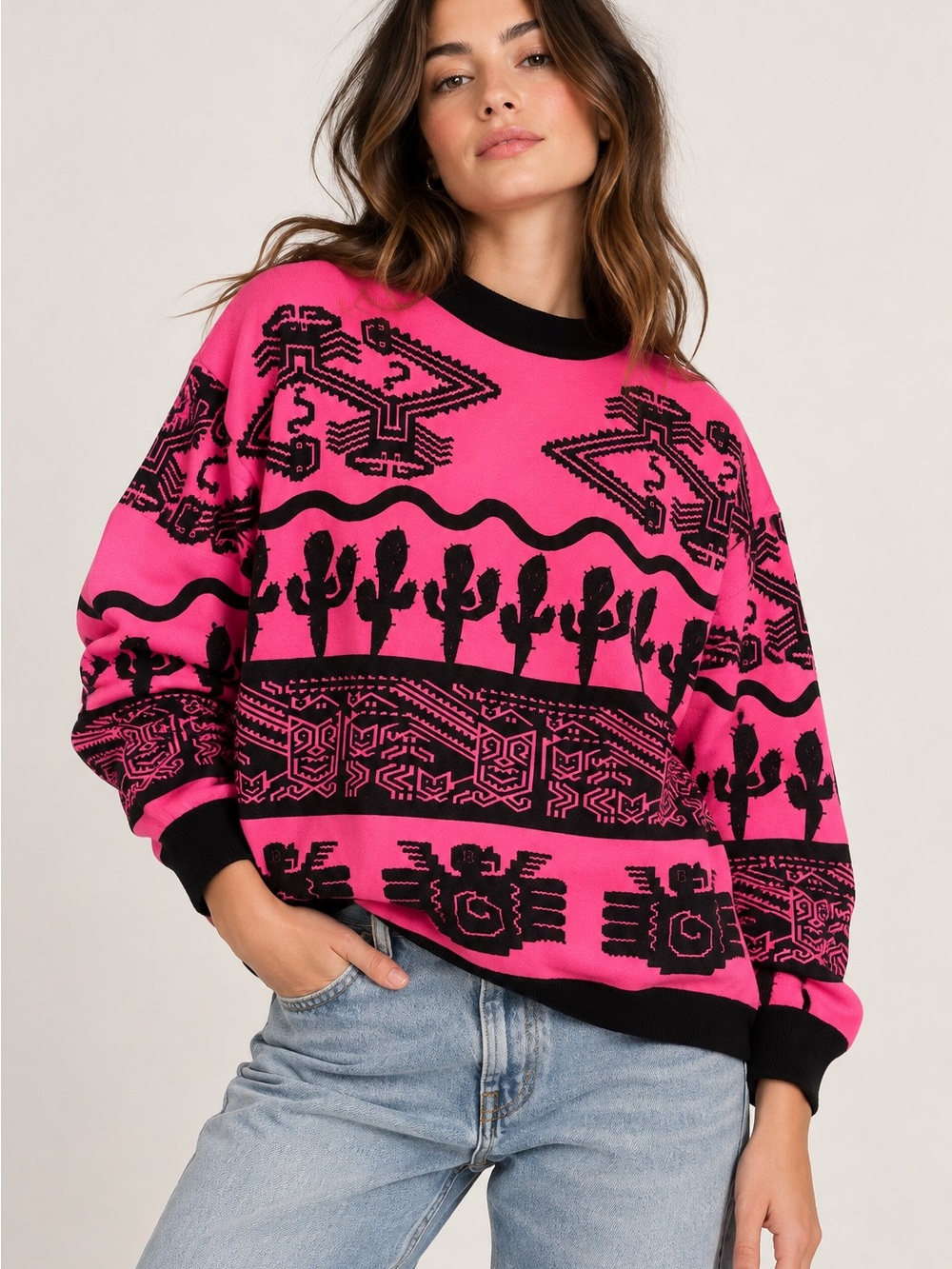 Vintage 80s 90s Kicks Neon Pink Southwest Cactus Graphic Sweatshirt L